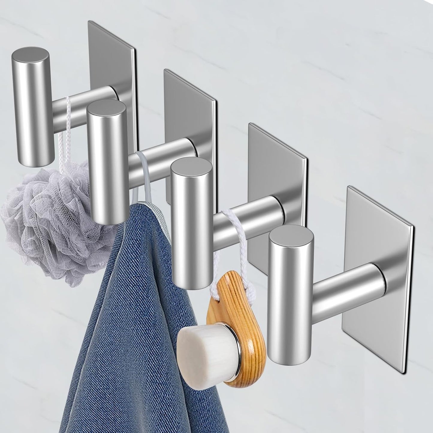VAEHOLD Wall Towel Hooks, Heavy Duty Sticky Holder Waterproof Towel Hooks for Hanging Coat, Clothes, Closet Hook Wall Mount for Kitchen (Silver, 4 Pack)