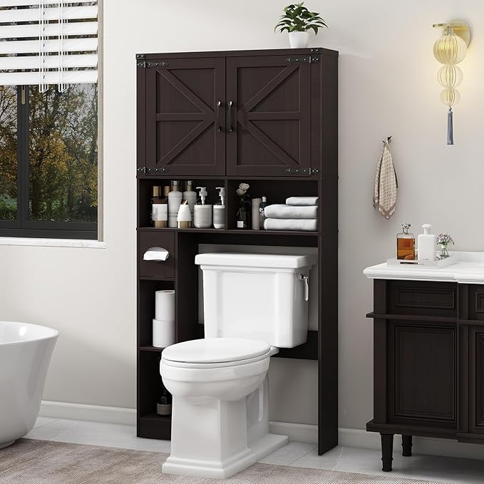 Over The Toilet Storage Cabinet, Farmhouse Storage Cabinet Over Toilet with Barn Doors & Toilet Paper Holder Stand，Home Space-Saving Toilet Rack, for Laundry, Bathroom, Restroom(Espresso).