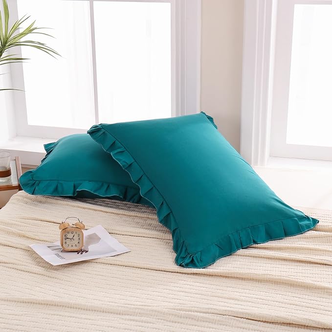 Merryword Teal Blue Pillow Ruffled Shams Blue King Pillowcases Cute Pillow Cover Set of 2 Soft Shabby Chic Pillowcases 2 Pack (King (20''x36''), Teal Blue)