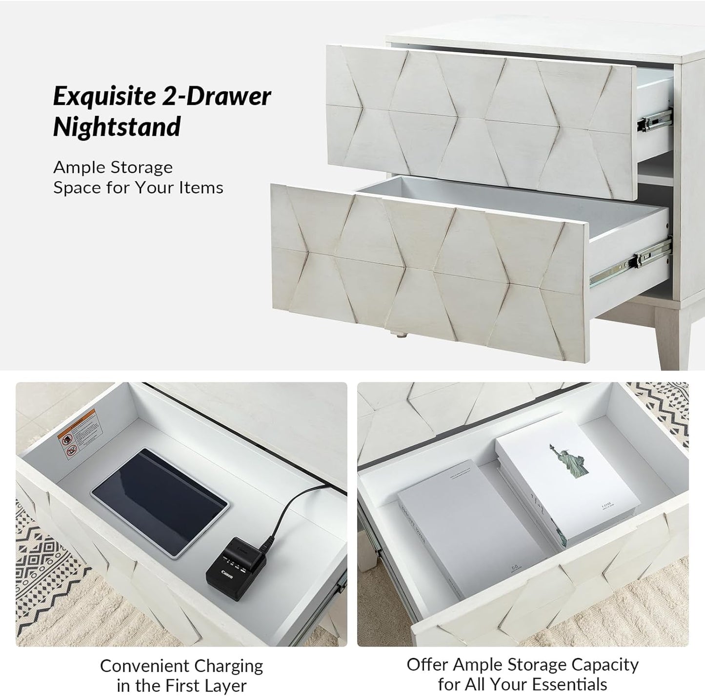 HULALA HOME Wood Nightstand with Charging Station 2 Drawer Dresser with Wooden Legs Mid Century Modern Bedside French Style End Table for Bedroom, White