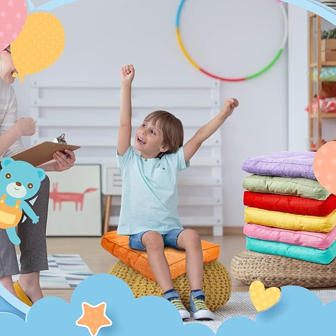 Juexica 8 Pcs Floor Cushions for Kids Floor Pillows Flexible Seating Cushions 3.5'' Thick Flexible Seating Classroom Furniture Meditation Seat Pillows for Home Nursery Yoga Decor(Rainbow Color,Square)