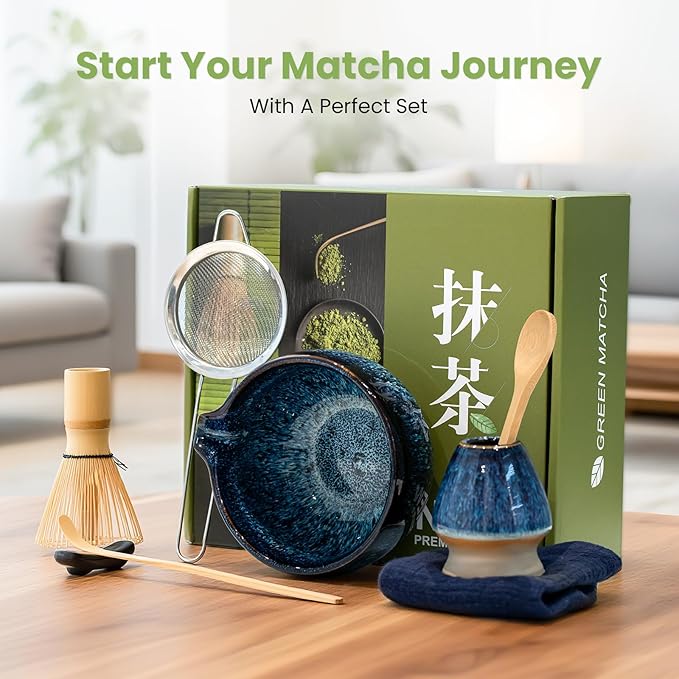 Matcha Whisk Set, Blue Matcha Set (9 Pcs) Includes Matcha Bowl, Whisk & Holder, Scoop, Sifter, Spoon, Scoop Rest, Tea Mat, Hand Book - Ideal Ceramic Matcha Kit for Matcha Lovers