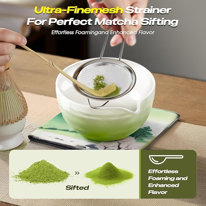 Matcha Whisk Set - 8 Pcs Tea Set with Bamboo Whisk and Holder, Ceramic Bowl, Bamboo Scoop and Spoon,Scoop Rest, Sifter & Tea Towel, Japanese Home Matcha Kit for Authentic Ceremony (Green)