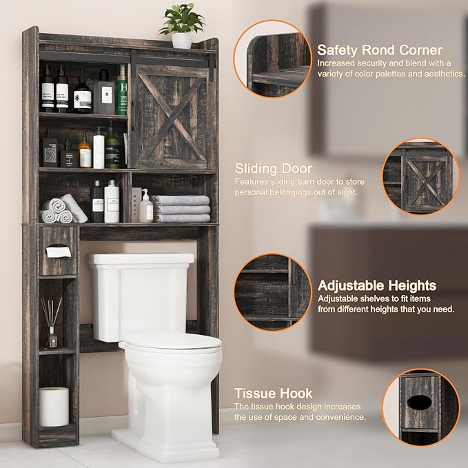 Over The Toilet Storage Cabinet, Farmhouse Storage Cabinet Over Toilet with Sliding Doors & Toilet Paper Holder Stand，Home Space-Saving Toilet Rack, for Bathroom, Laundry(Dark Grey)