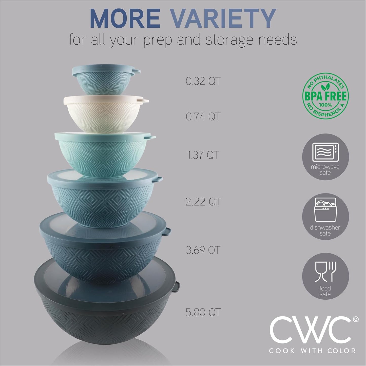 COOK WITH COLOR Mixing Bowls with Lids - 12 Piece Plastic Nesting Bowls Set includes 6 Prep Bowls and 6 Lids, Rhombus Design - Microwave Safe (Blue)