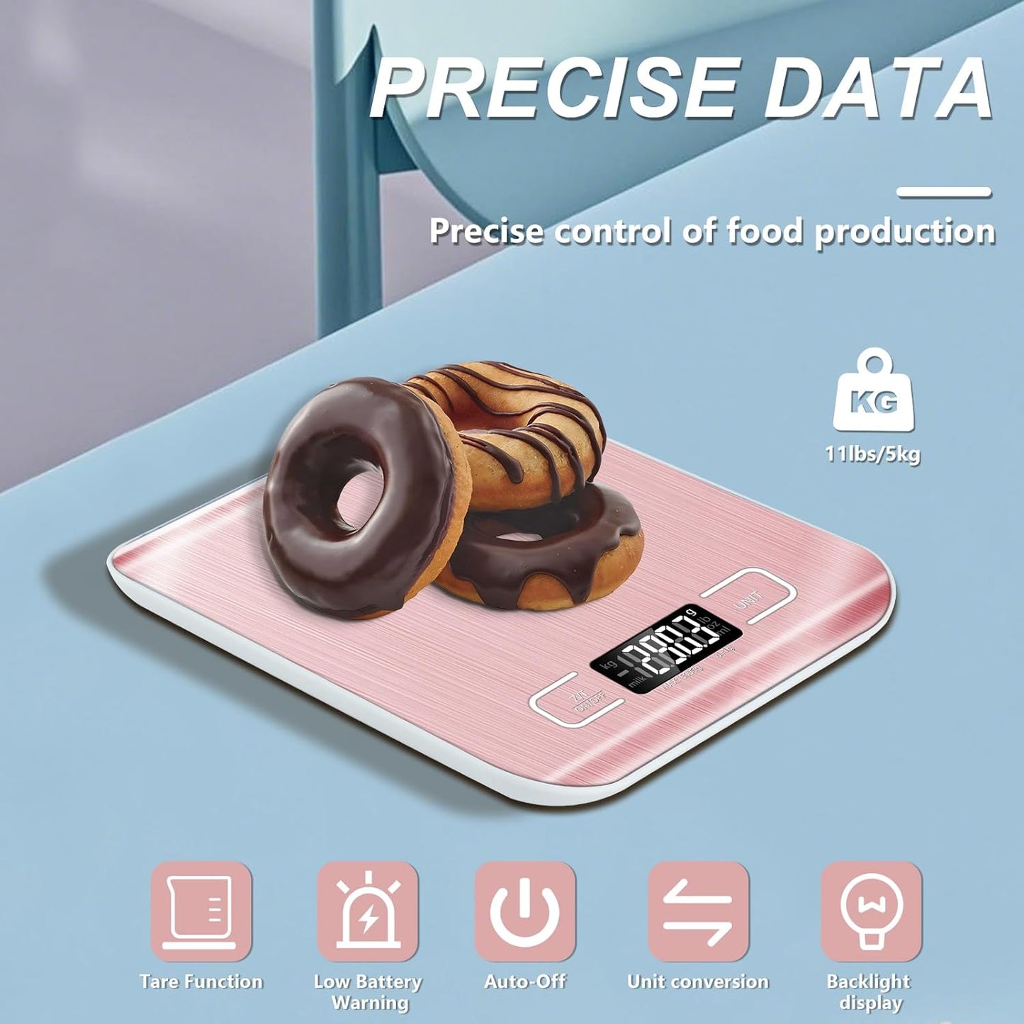 Food Scale, 11lb Kitchen Scale with 6 Units Tare Function & LCD Display, 0.05oz/1g Stainless Steel Digital Food Scale Grams and Ounces for Baking, Cooking, Dieting and Meal Prep (Pink)