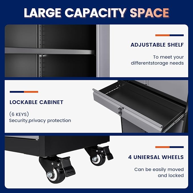 Yizosh Metal Garage Storage Cabinet with Locking Doors and Adjustable Shelves, -73" Steel Rolling Tool Storage Cabinet with 4 Wheels and 1 Drawer for Garage,Office,Warehouse