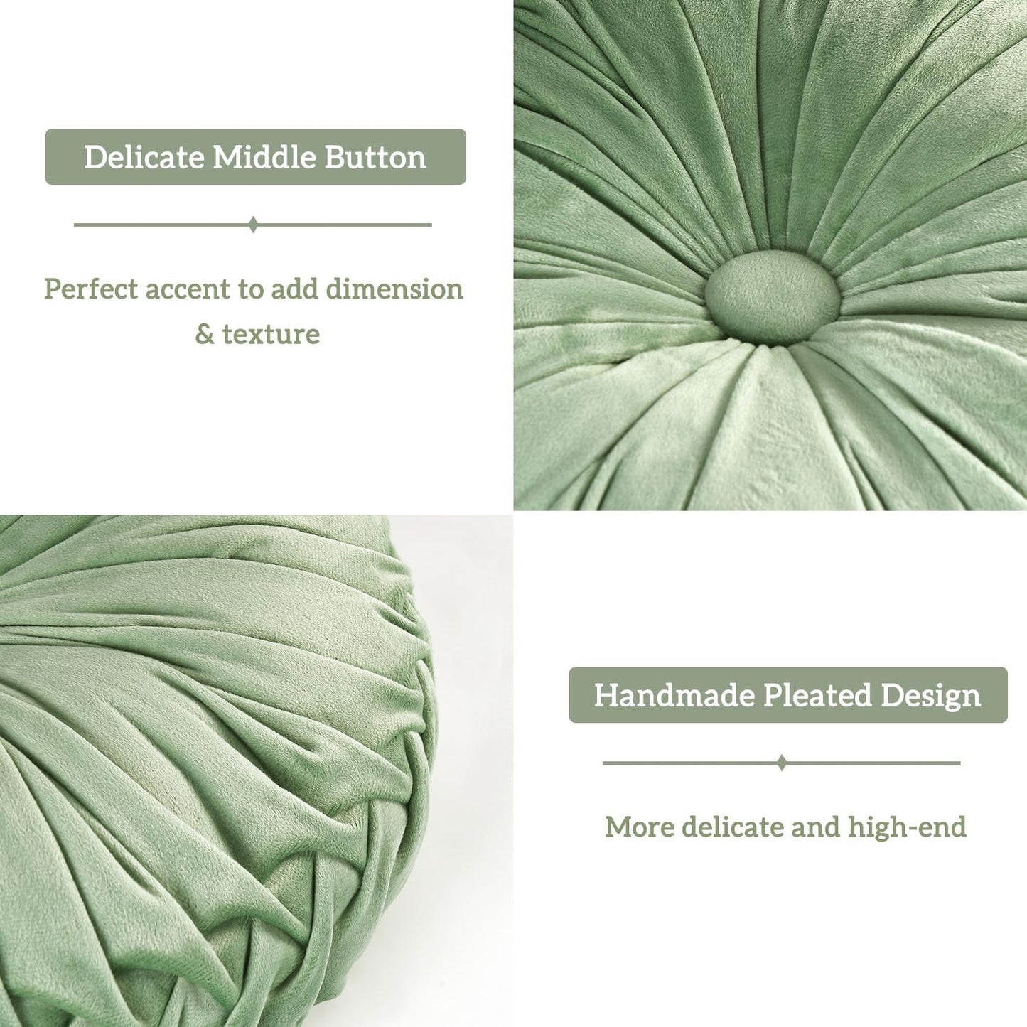 HIG Set of 2 Decorative Round Pleated Throw Pillows, Classy Accent Pumpkin Throw Pillows with Center Button, Vintage Velvet Floor Pillows for Sofa Vanity Chair Bed, Sage, 14.5" Diameter(Ripple)