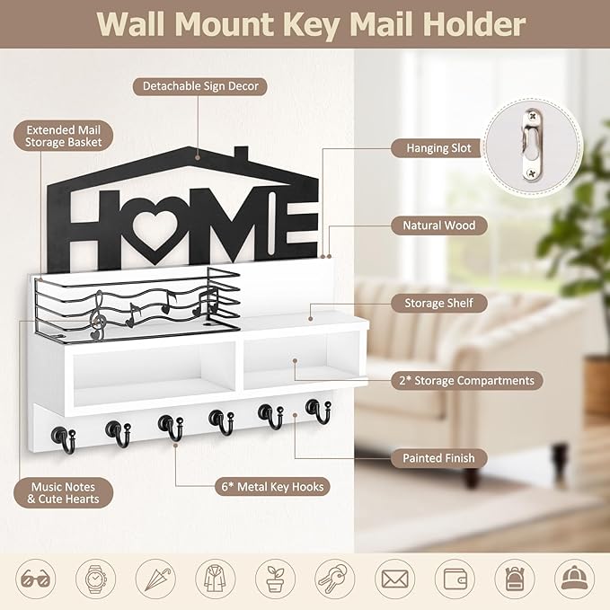 VIS'V Key Holder Wall Mount, Decorative Wooden Mail and Key Organizer with Storage Basket and Shelf, 2 Compartments, 6 Hooks, White