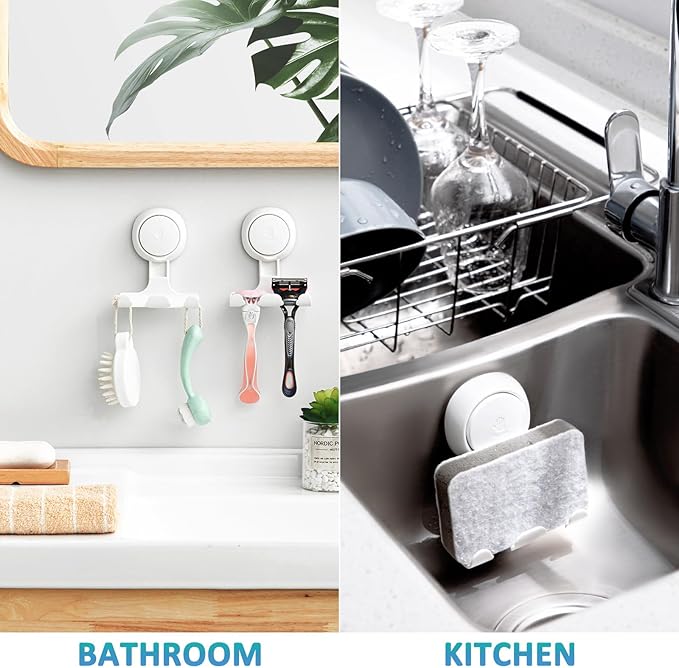 TAILI Suction Cup Razor Holder in Shower 2 Pack, Towel, Loofah, Shaver Holder for Bathroom Wall, Powerful Suction Cup Shower Hooks, Easy to Install and Reuse, White