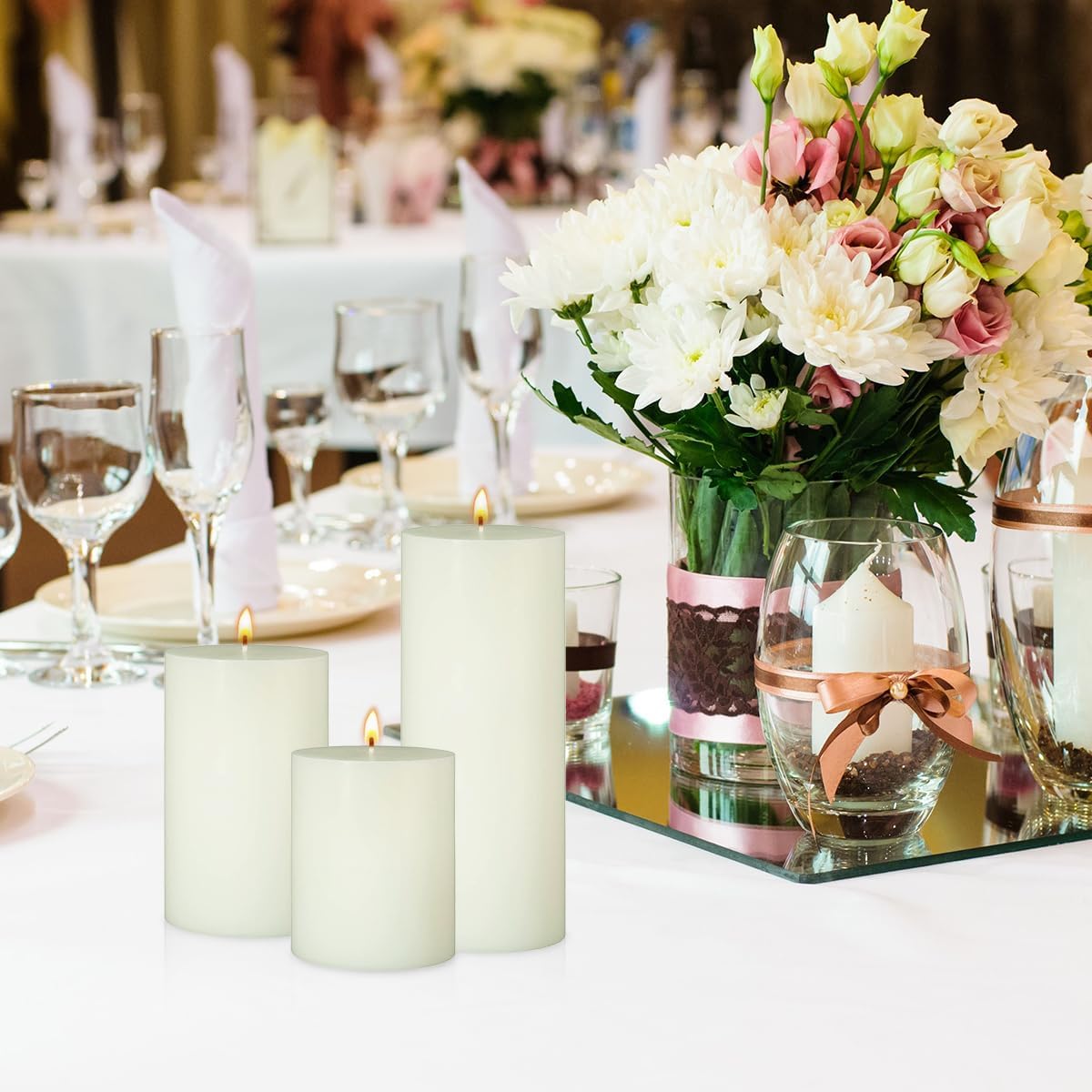 Set of 3 Different Size Ivory Pillar Candles, Unscented Dripless 2.75x3, 2.75x4, 2.75x6 Inch Long Lasting Cylinder Wax Candles for Home Power Outage Dinner Table Decoration