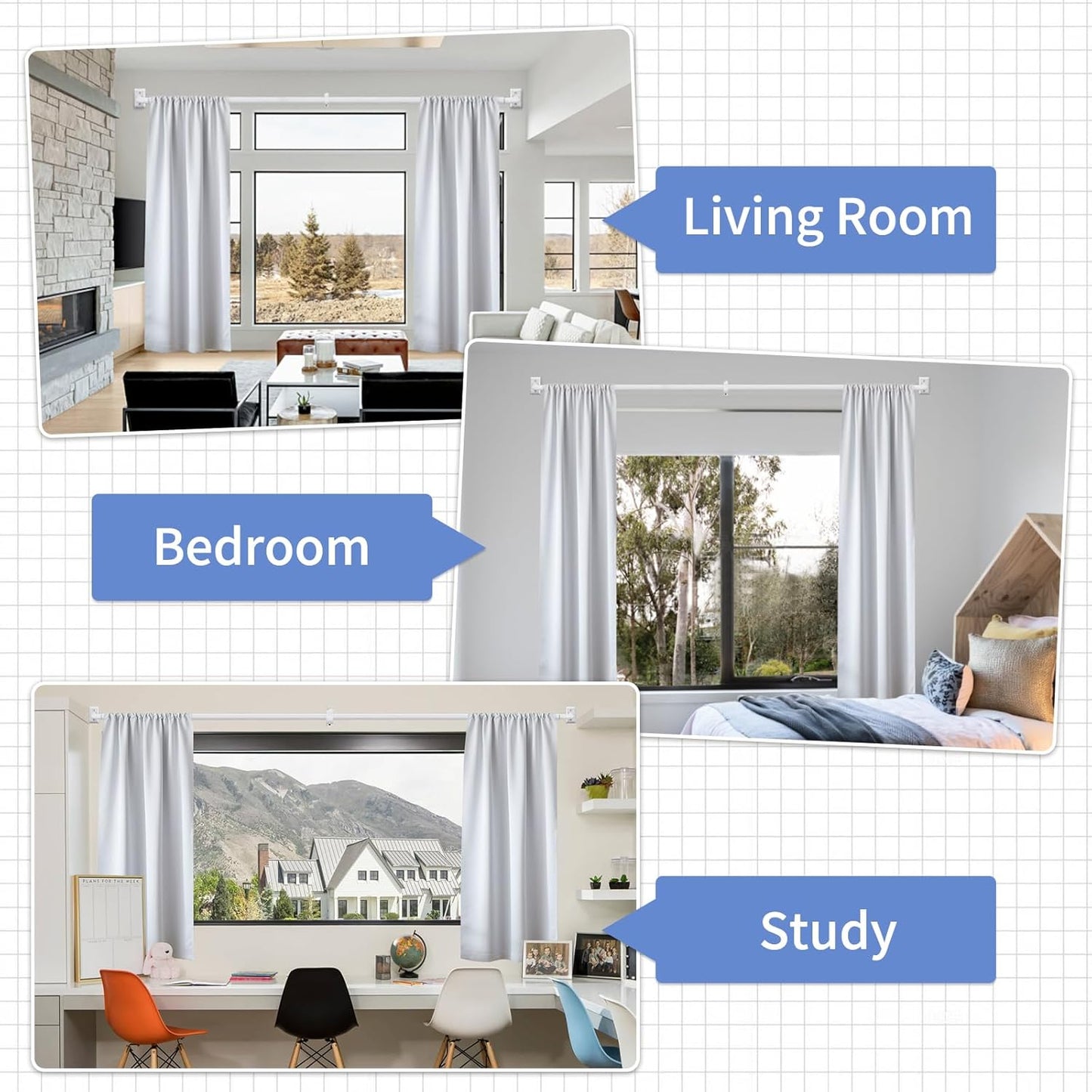 White Room Darkening Curtains, 48-90 Inch Wrap Around Rods, Heavy Duty Blackout, Modern Decorative Window Treatment