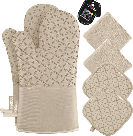 KEGOUU Oven Mitts and Pot Holders 6pcs Set, Kitchen Oven Glove High Heat Resistant 500 Degree Extra Long Oven Mitts and Potholder with Non-Slip Silicone Surface for Cooking (Almond)