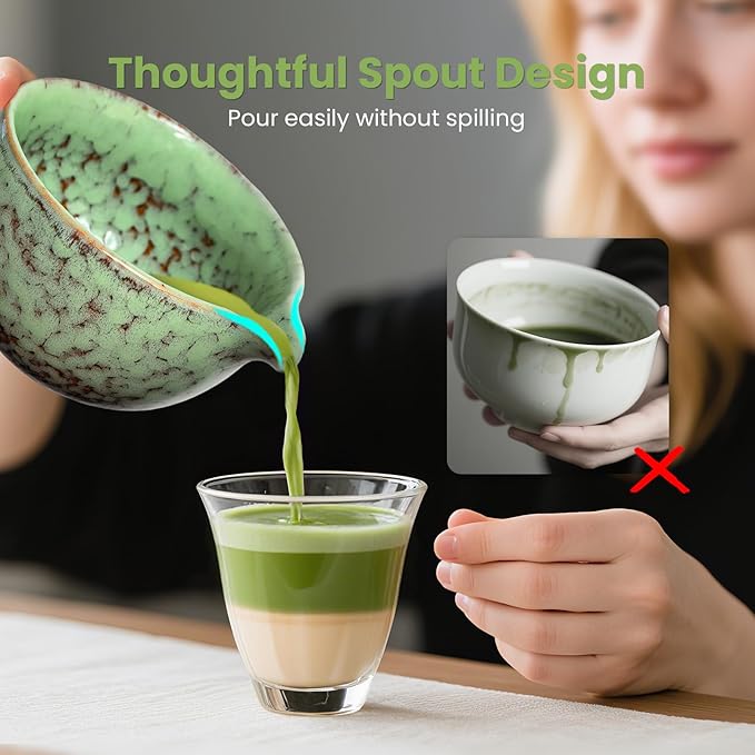 Matcha Whisk Set, Green Matcha Set (9 Pcs) Includes Matcha Bowl, Whisk & Holder, Scoop, Sifter, Spoon, Scoop Rest, Tea Mat, Hand Book - Ideal Ceramic Matcha Kit for Matcha Lovers