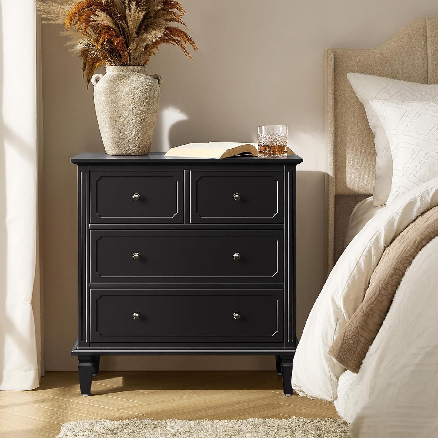 HULALA HOME Mid-Century Modern Nightstand with Charging Station and Divider Tray, 4-Drawer Bedside Table with Solid Wood Legs (Black)