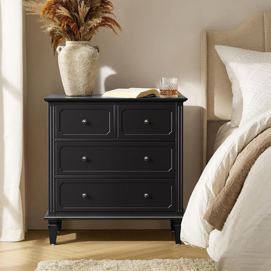 HULALA HOME Mid-Century Modern Nightstand with Charging Station and Divider Tray, 4-Drawer Bedside Table with Solid Wood Legs (Black)