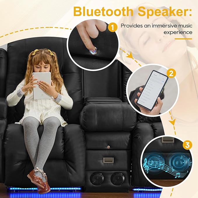 IPKIG 67" Power Reclining Loveseat Sofa, Electric Home Theater Seating with Console/4 Colors Ambient Lighting/Bluetooth Speakers/USB Ports/Built-in Outlets (Black, Loveseat Recliner)