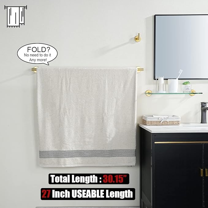 JQK Gold Towel Bar, 30 Inch 304 Stainless Steel Thicken 0.8mm Towel Rack Bathroom, Towel Holder Brushed Golden Wall Mount, Useable Length 27 Inch, TB110L27-BG