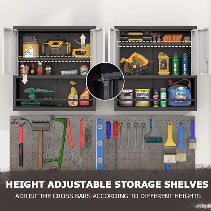 LUCYPAL Metal Wall Cabinet with Adjustable Shelf,Garage Wall Cabinets with Locking Doors and Open Storage,Steel Utility Storage Cabinets for Home Office,Warehouse,Black&Grey