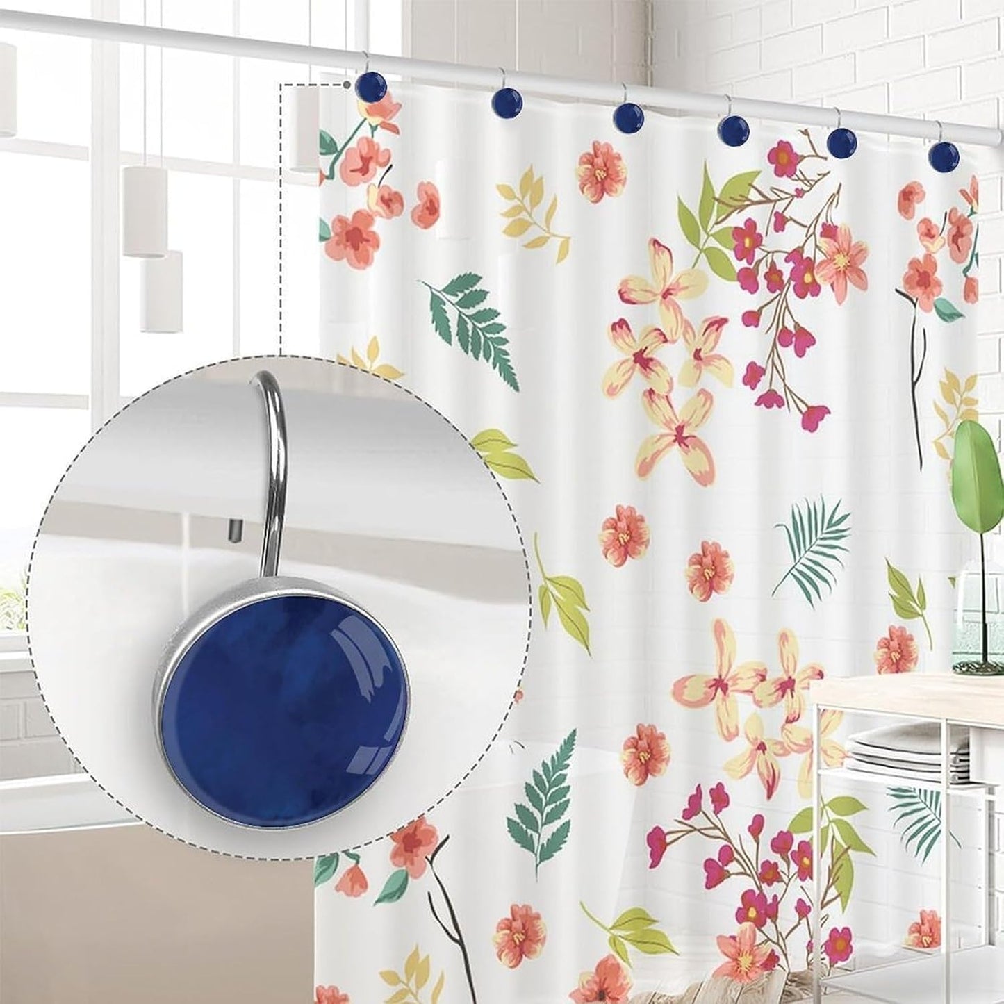 Navy Blue Shower Curtain Hooks,12 Pcs Rust Proof Glass Surface Stainless Steel Curtain Rings for Bathroom Bedroom Living Room Kitchen Home Shower Rods Decor