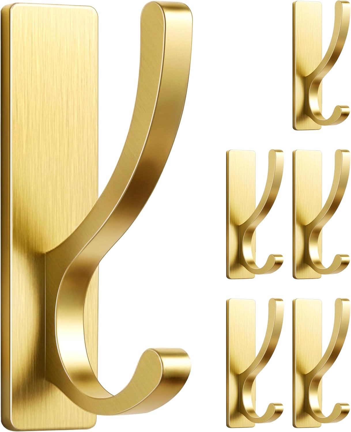 Adhesive Wall Hooks for Towels Coats - Stick On Hooks Hanging Heavy Duty (13lb), Metal Hook for Door, Bathroom, Dorm, Closet - Hanger for Purse, Bag, Robe,Backpack - No Damage to Wall - Gold 6 Pack