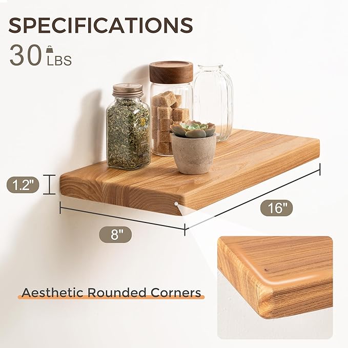 Rustic Solid Elm Wood Floating Shelves, 16" W x 8" D Floating Shelf Wall Mounted, 8 Inch Deep Wall Shelves, Wooden Bathroom Shelf for Home, Deep Bookshelf for Living Room, Set of 2