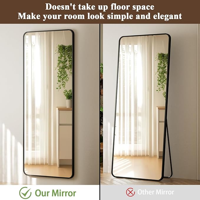 14"x48" Full Length Over The Door Mirror - Aluminum Alloy Frame Full Body Mirror with Height-Adjustable Hangers, Hanging Leaning Against Wall for Dorm, Black