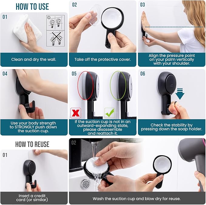TAILI 4 Pack 360° Rotatable Powerful Suction Cup Shower Hooks for Towel, Loofah, Damage-free Hanging Versatile Wall Hooks for Inside Bathroom, Decoration, Removable Suction Holders, Easy to Use, Black
