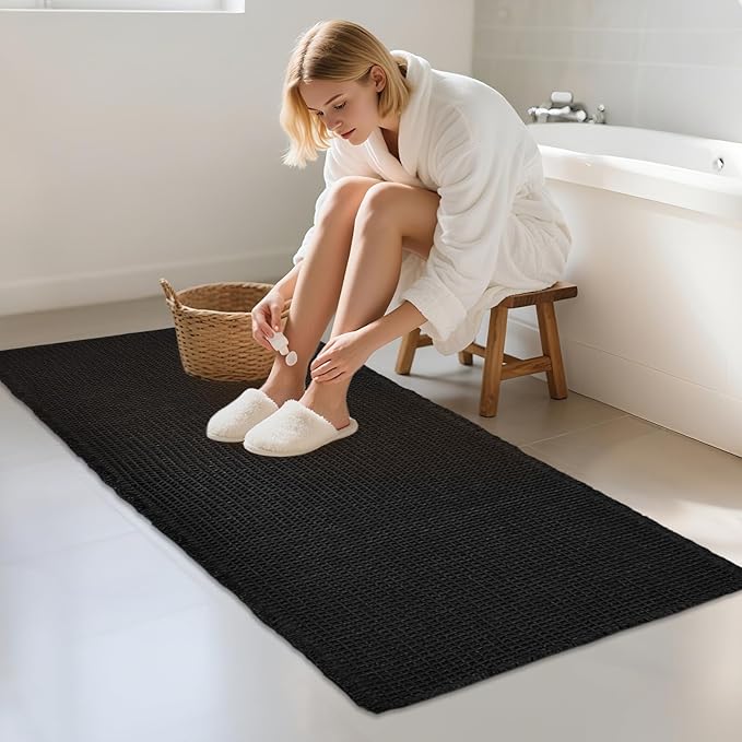 ZALL Waffle Bath Mat Black Super Absorbent Non Slip Bathroom Rug,Rhombus Geometric 24x48inch,Machine Washable Ultra Soft Floor Mats