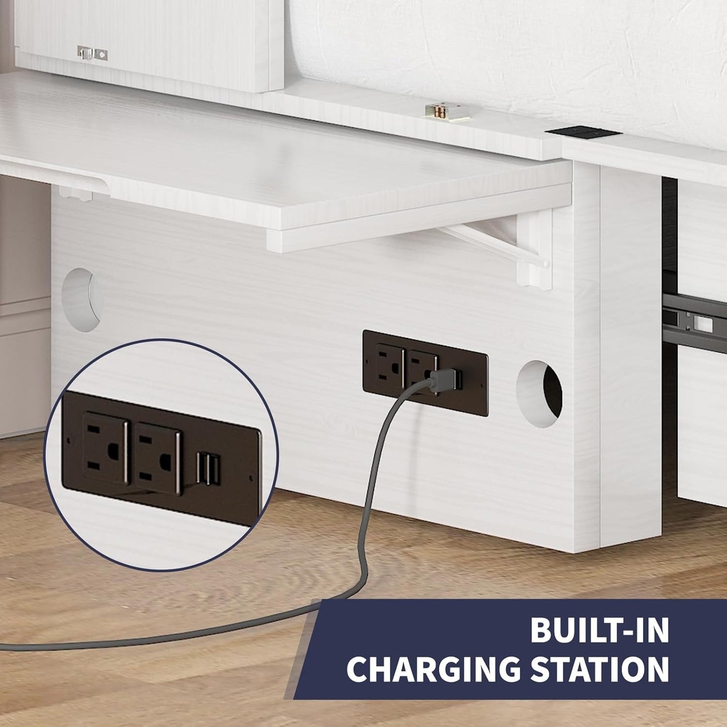 ijuicy Murphy Bed Queen Size with Foam Mattress, Side Storage Board, Cabinet Bed with Charging Station Large Storage Drawer for Space-Saving Room, Foldable Hideaway-White