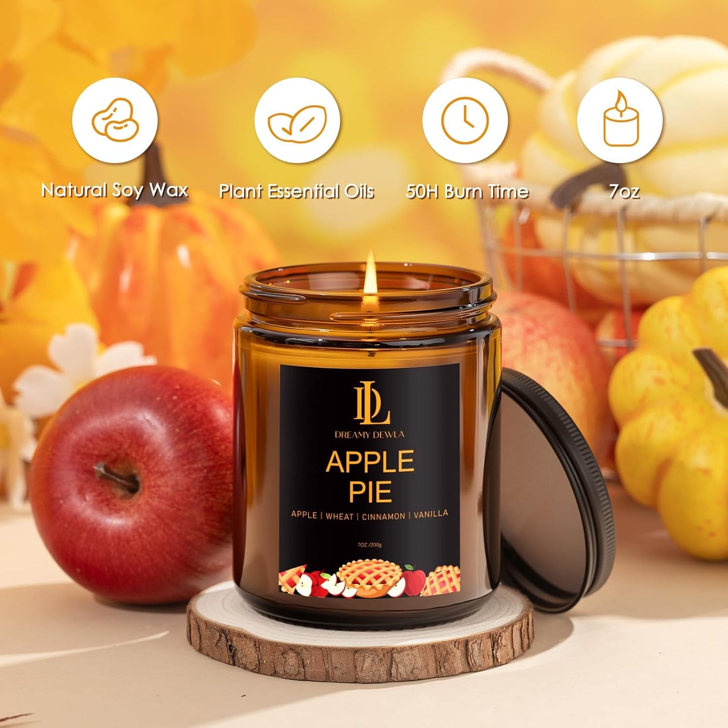 Fall Candle | Apple Pie Scented Candle - Autumn Home Decor, 7oz Autumn Soy Candles with 50hr Burn Time, Holiday Thanksgiving Fall Gifts for Women Men