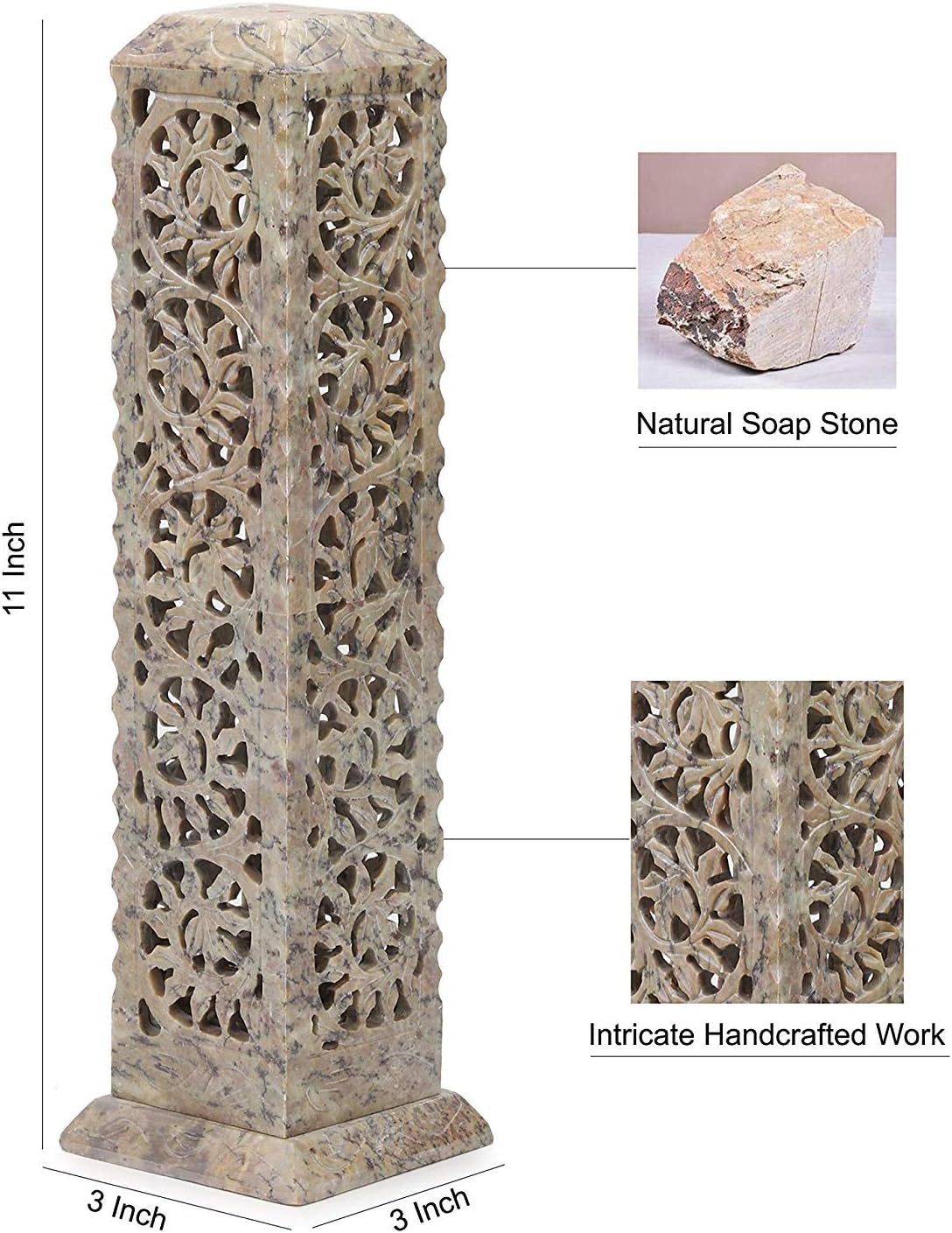 Carry Me Handmade Marble Soapstone Incense Stick Burner | Candle Stick Holder | Tea Light Stand - Perfect Incense Tower for Gifting. Decorative Home and Kitchen Decor (3 x 3 x 11 Inches)