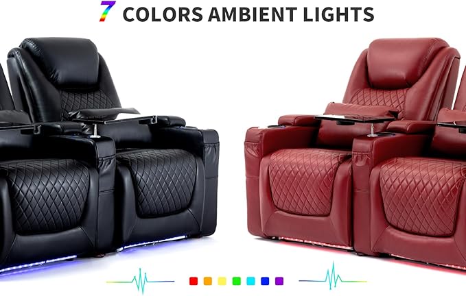 Home Theater Seating Seats, Theater Recliner Chair Sofa Game Movie Theater Chairs with 7 Colors Ambient Lighting, Lumbar Pillow, Side Pocket, Tray Table, Power Recline, Red