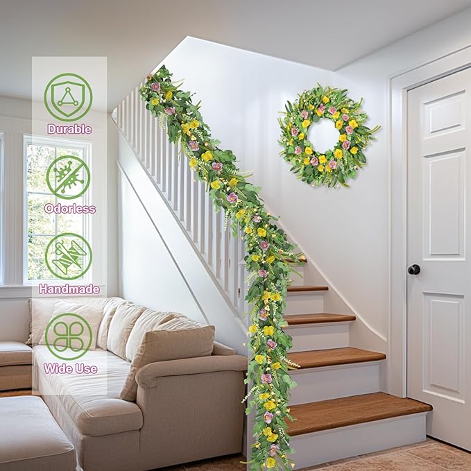 6FT Spring Garland for Decoration, Summer Green Eucalyptus Flower Garlands for Mantle Table Wedding Decor, Fake Vines Greenery Easter Garland Backdrop Floral Arch Wall Room Garden Farmhouse Home Decor