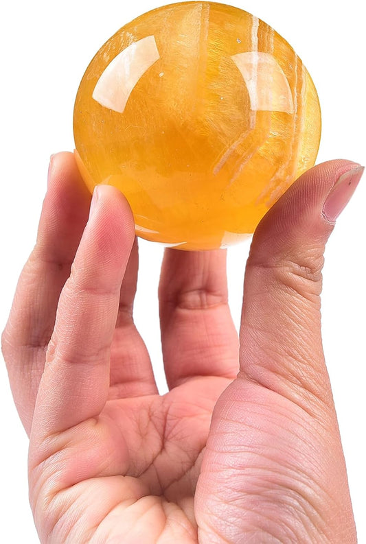 JIC Gem Yellow Fluorite Crystal Ball with Wooden Stand Yellow Healing Crystal Sphere Ball for Feng Shui Decor Spiritual Gifts 60-70mm