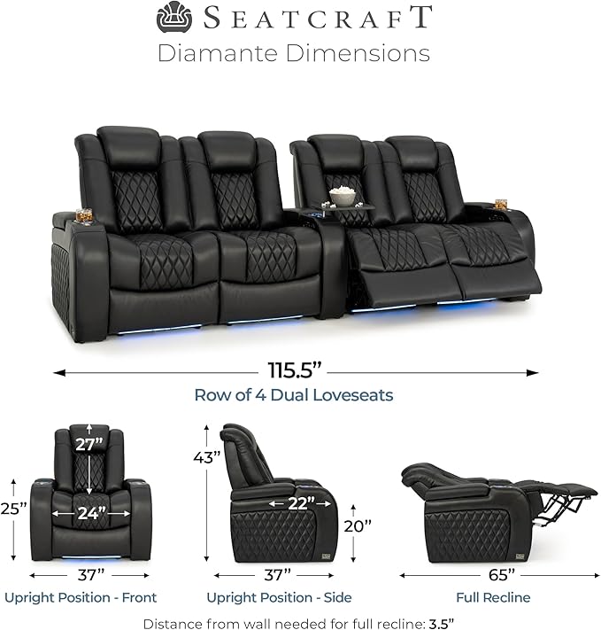 Seatcraft Diamante Zero-Gravity CoolZero Italian Leather Home Theater Seating, Power Headrest, Power Recline, Row of 4 Dual Loveseats, Black