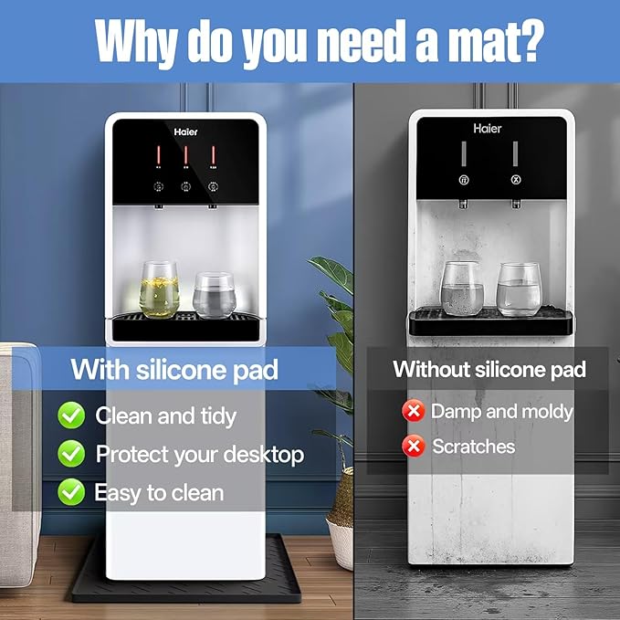 Water Cooler Mat – 19.7" x 19.7" Silicone Water Dispenser Mat for Floor & Countertop, Spill-Proof & Waterproof Tray for Coffee Maker, Kitchen, Pets, Office Use (Black, 19.7' * 19.7')