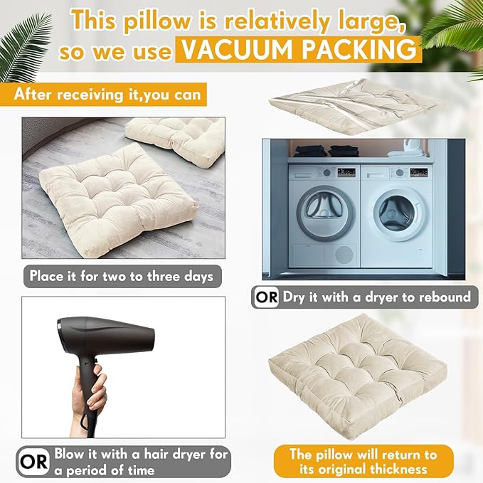 Jerify 2 Pcs Beige Floor Pillows Cushions 22 x 22 Inch Round Square Large Meditation Floor Pillow for Adults Meditation Cushion for Seating Gift Christmas (Square)