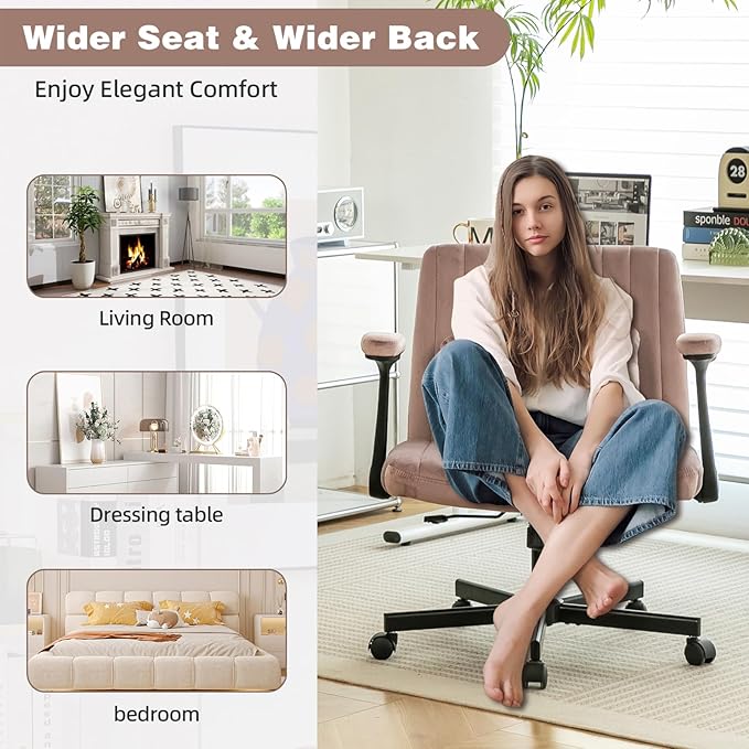 Furnimart Criss Cross Desk Char Wide Seat with Wheels and Arms, 360° Swivel Cross Legged Desk Chair Thick Cushion, Velvet Comfy Armless Home Office Chair for Bedroom, Vanity, Sturdy (Light Pink)