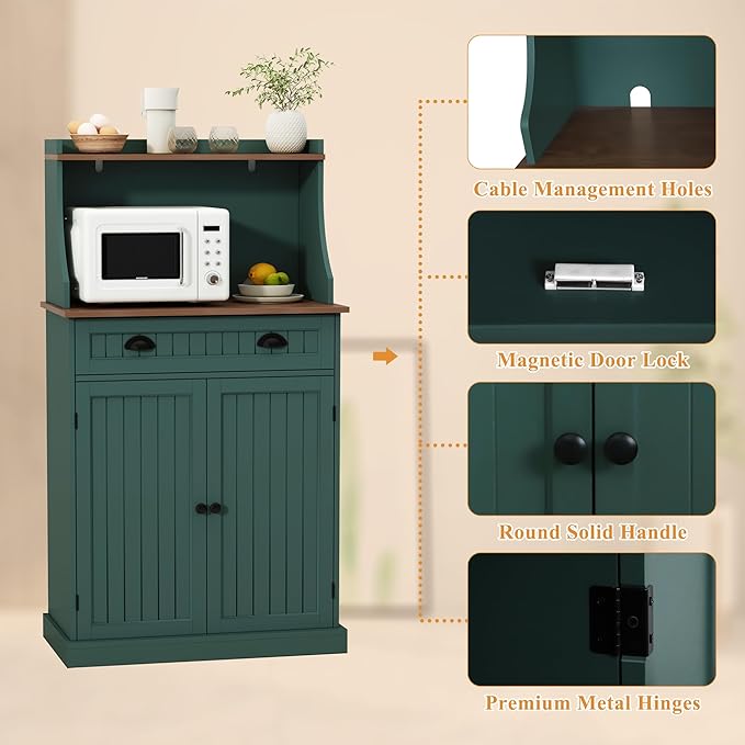 54" Kitchen Pantry Storage Cabinet with Doors and Adjustable Shelves, Green Freestanding Microwave Cabinet with Drawer for Kitchen, Coffee Bar, Living Room
