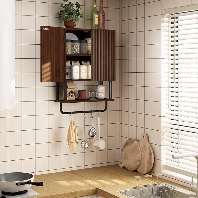 RUSTOWN Farmhouse Bathroom Wall Cabinet with 2 Door, 3-Tier Curved Profile Wooden Medicine Cabinet, Wall Mounted Storage Cabinet with Adjustable Shelf and Towel Bar (Dark Walnut, Small)