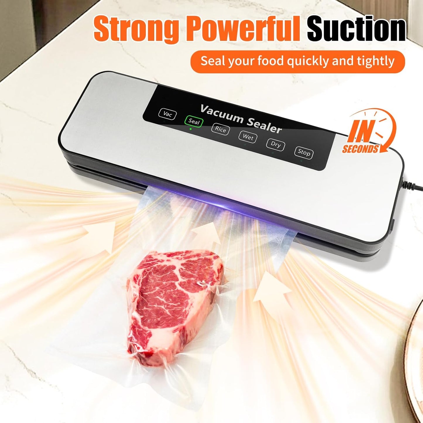 Vacuum Sealer for Food, Automatic Food Vacuum Sealer Machine, Precision Suction Power Compact 6-in-1 Food Sealer, Dry & Moist Modes with 50 Vacuum Bags and Air Suction Hose (Silver)