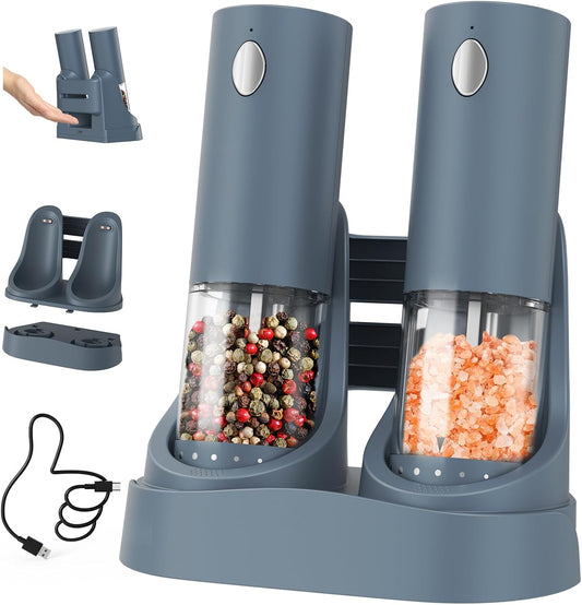 CIRCLE JOY Electric Salt and Pepper Grinder Set Automatic Salt and Pepper Grinder Set with Easy-to-Carry Charging Base and LED Light, Adjustable Coarseness, USB Rechargeable, Washable Container, Blue