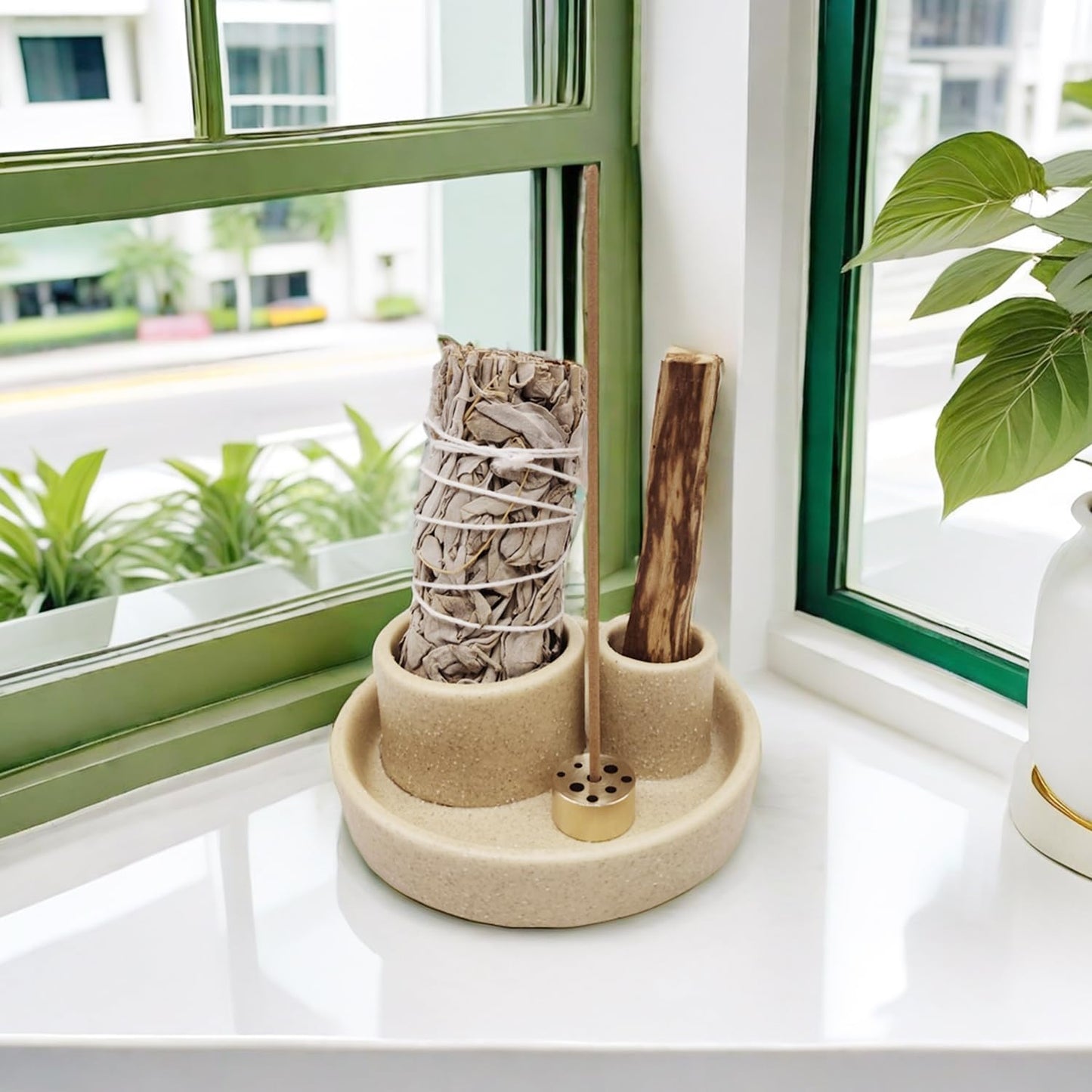 4 in 1 Incense Holder, Palo Santo Stick Holder,Sage Holder for Burning- 4.25" Sage Incense Holder for Meditation Room Home Decor (Sand)