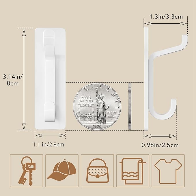 Wall Hooks for Coat and Towel: 13LB Adhesive Door Hanger Stick on, White 4 Pack