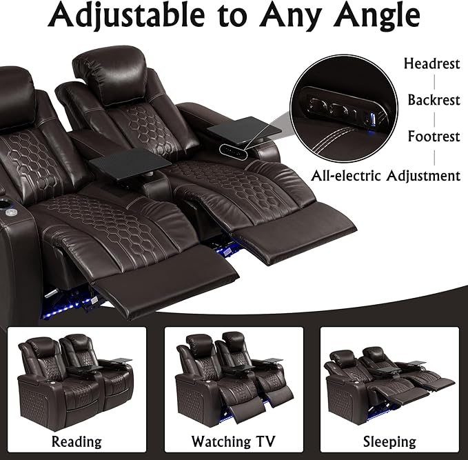 Home Theater Seating, Living Room, Powered Headrest, Powered Lumbar, Italian Leather, Powered Recline, Single Recliner (Coffee Color, Row of 2)
