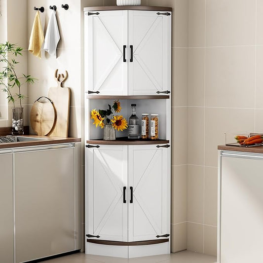 64.8" Farmhouse Corner Cabinet, Dining Room Tall Corner Cabinet with 4 Barn Doors and 5 Storage Shelves, Bar Storage Cabinets for Kitchen, Living Rooms, Laundry Room White