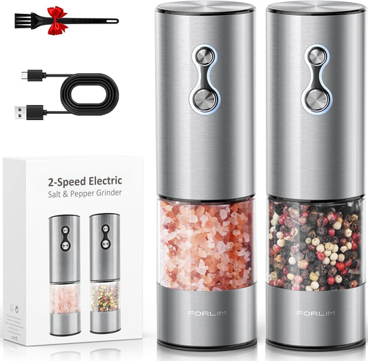 FORLIM Rechargeable Electric Salt and Pepper Grinder Set, Dual-Speed Control, Stainless Steel Automatic Salt & Pepper Mill with Dust Cover, 2 LED Lights, Adjustable Coarseness (2-Pack, Glossy Silver)