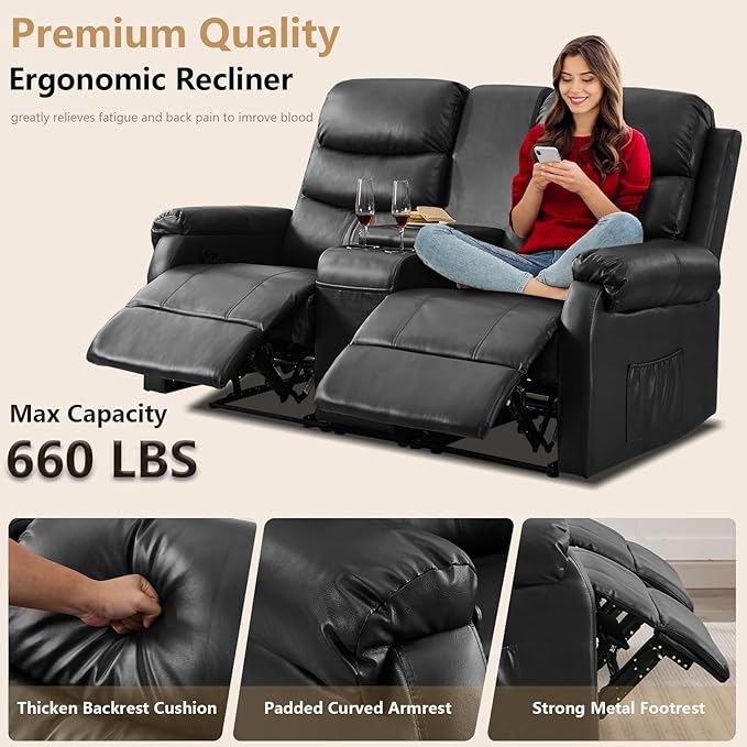 Loveseat Reclining Sofa, Home Theater Seating with Center Console, RV Recliner Sofa with Cup Holders and Pockets, Manual Double Seater Recliner for Living Room, Motor Home, Cinema(Black)