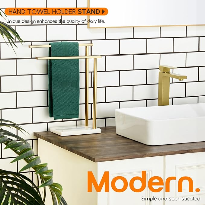 Hand Towel Bars for Bathroom Vanity Countertop 2-Tier Towel Rack Holders Stand with Heavy Marble Base Thicken Steady, Brushed Gold Stainless Steel AN7003GD